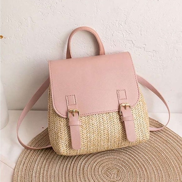 Boho Vegan Leather Straw Mini Backpack Pink main image 4